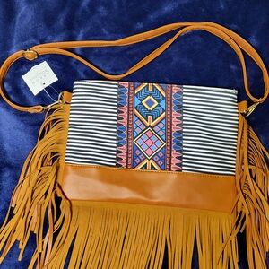 Trendy Tan and Multicolor Fringe Shoulder Bag